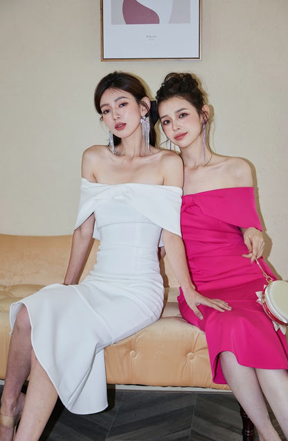 DOLLY High End Off Shoulder Tube Bow Top Body Hug Fish Tail Dinner Dress-IMELDA