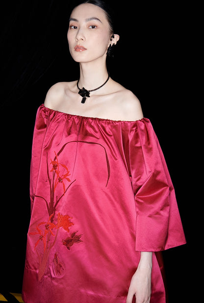 M essential Mackay designer red goldfish bead off shoulder top pleated skirt set- plum.