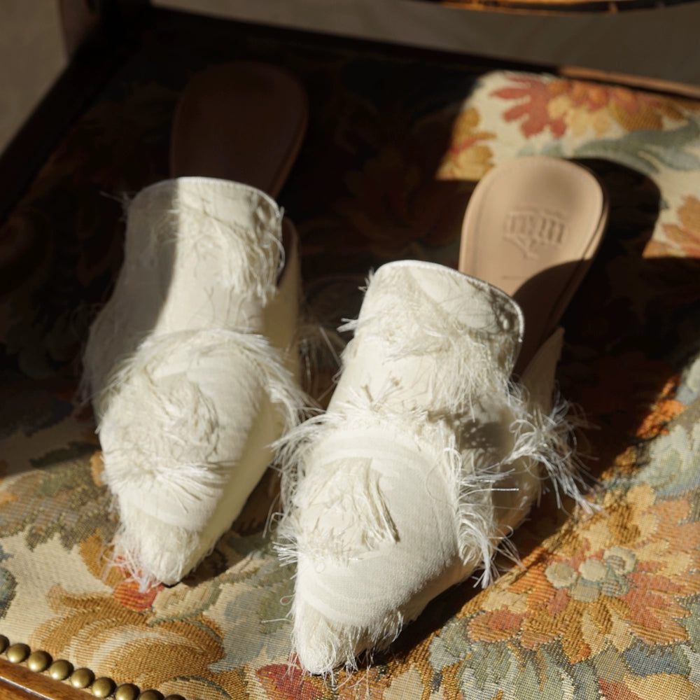 B-FEI white fringed pointed toe flat shoes-KUTAPRO.