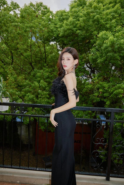 DOLLY Elegant Black Off Shoulder Feather Tube Top Long Slim Fit Dinner Dress-LILIAN