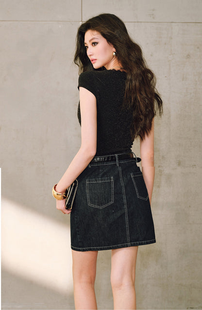 WANGXO | Sparkling Silk High-Density Knit Hand-Shaped Lace Detail V-Neck Slim Fit Top -NOYA