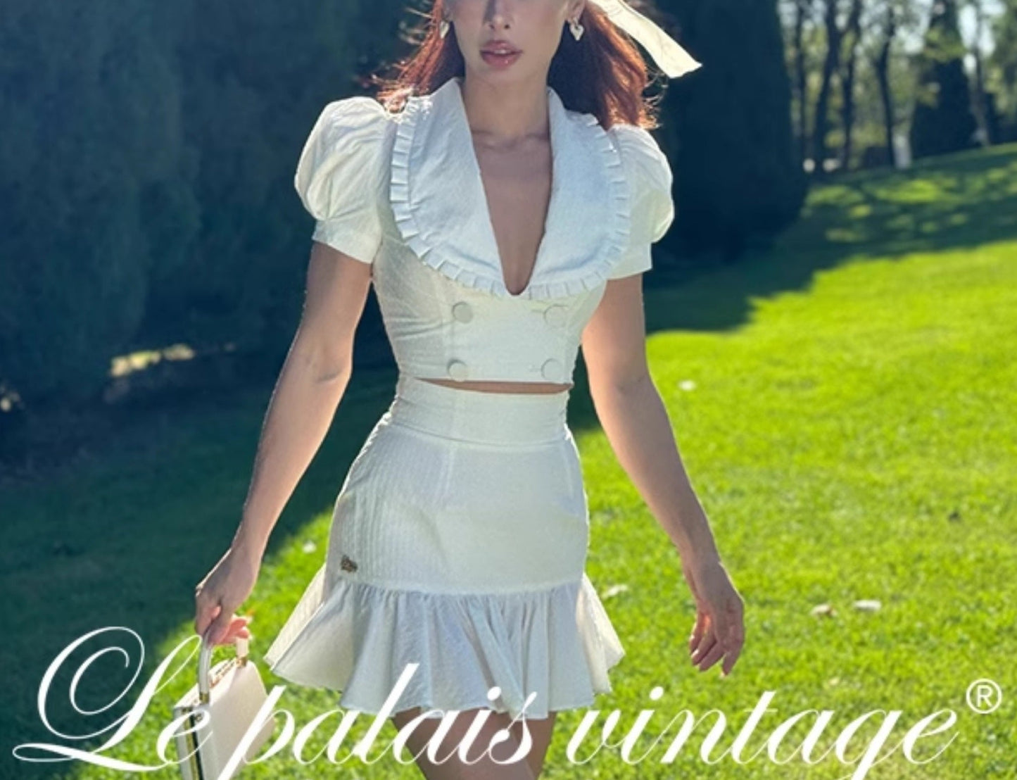 Le Palais Vintage French Girly Pure White Puff Sleeve Short Top and Ruffled Skirt-ASDA.