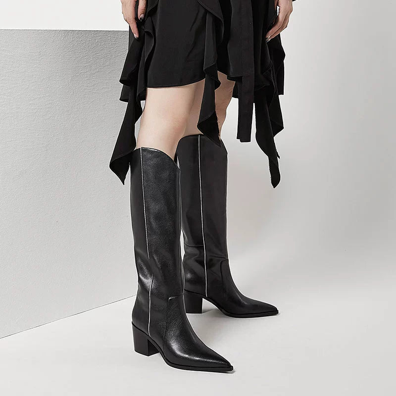 B-FEI black and white simple niche women's long cowboy boots-DAVI.
