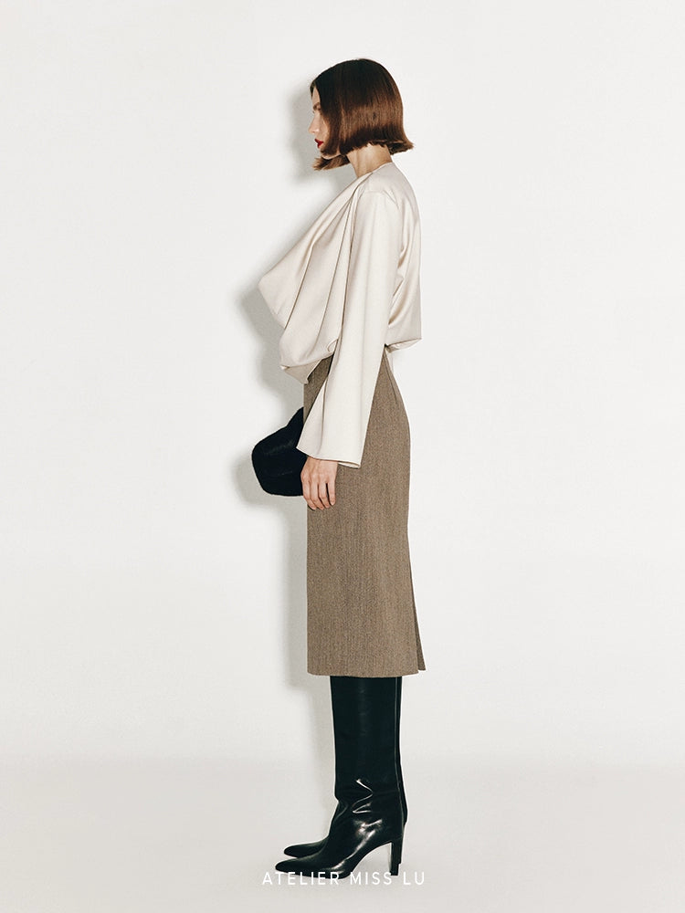 ATELIER MISS LU New Swing-neck Design Worsted Sheep Wool Top - NATE