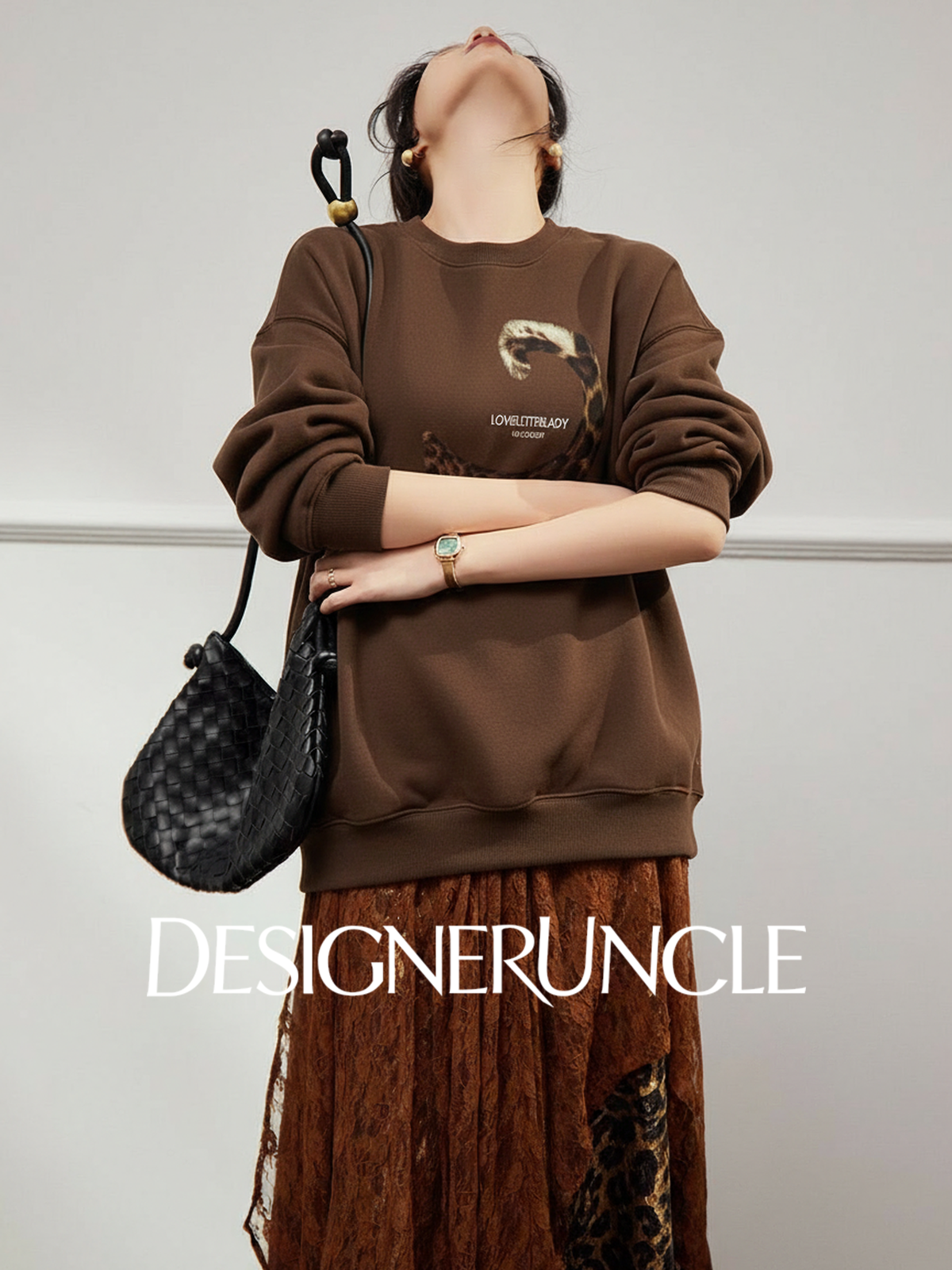 DGU×LAB "Skyland" brown fleece crew neck loose lazy style printed sweatshirt - MAI