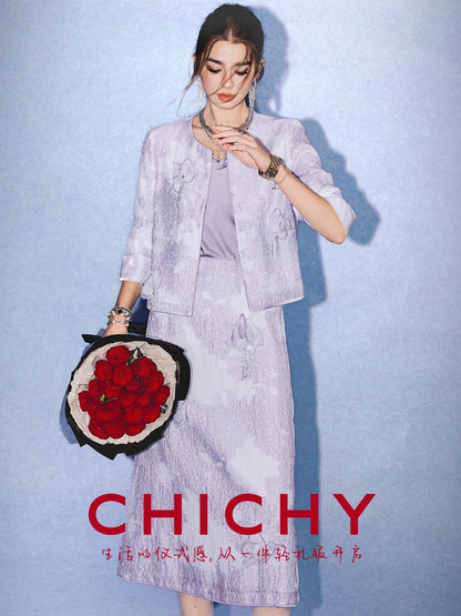 CHICHY cool and luxurious purple embossed texture jacquard top long skirt suit-NICK