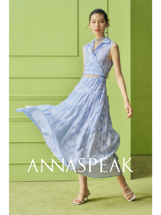 AnnaSpeak Elegant Light Blue Print V-Neck Sleeveless Long Summer Dress-Kosi