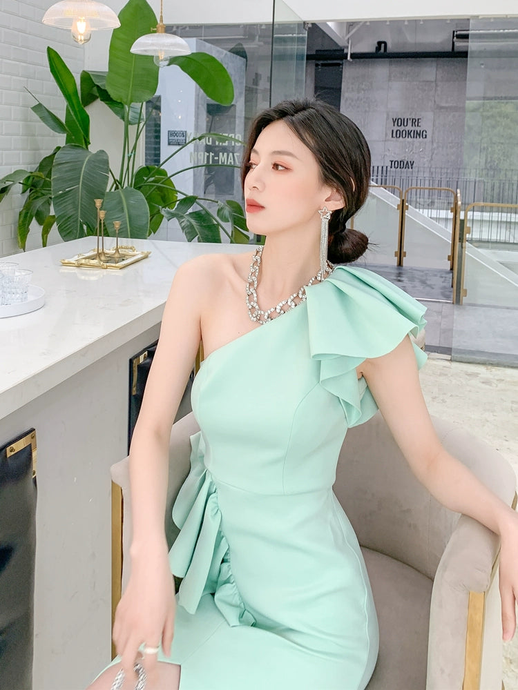 DOLLY Elegant Mint Green Slopping Shoulder Short Sleeve Long Wedding Guest Dress-RUKA