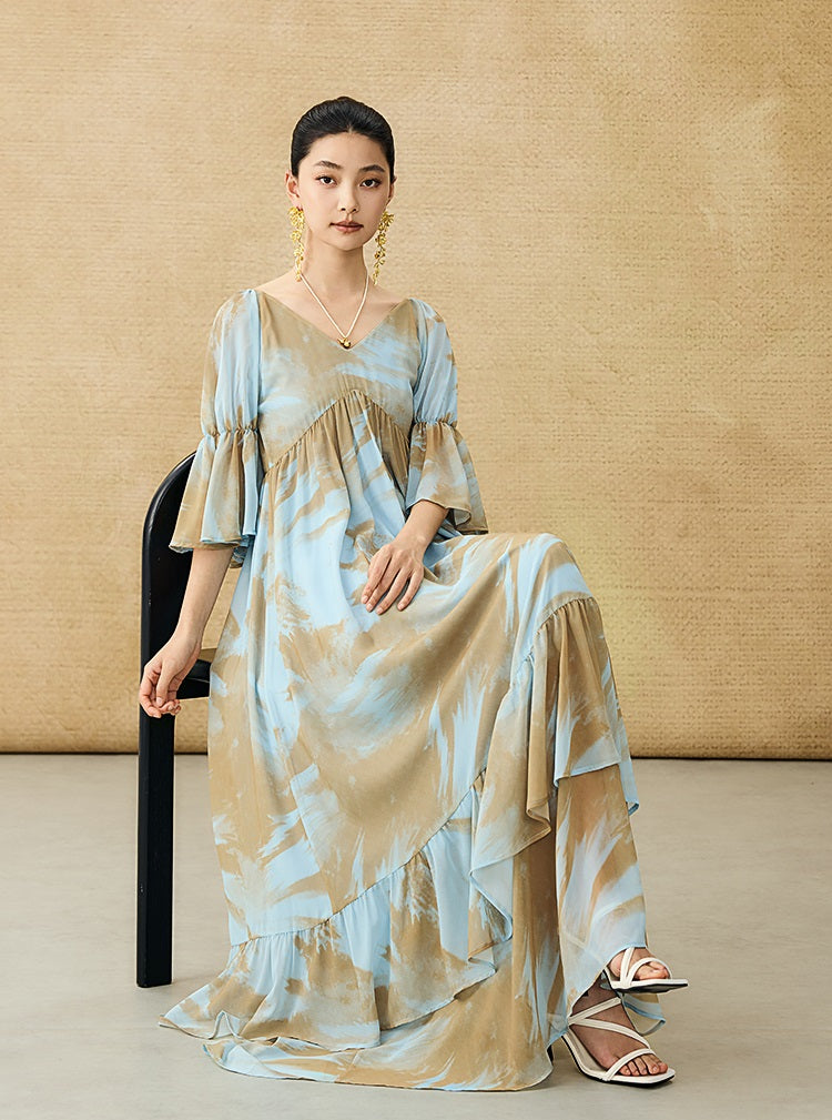 HECO Chinese V-neck wavy sleeve summer big resort dress - AMAZE .