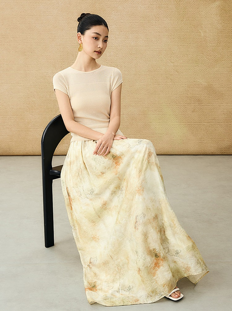 HECO Chinese style slightly transparent round neck knitted short sleeve T-shirt -BING.