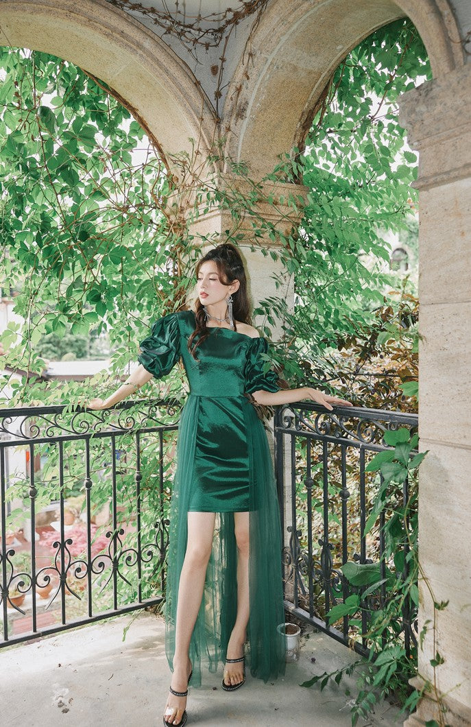 DOLLY Elegant Dark Green Retro Style Slant Collar Short Puff Sleeve Short Banquet Dress-CHITAH