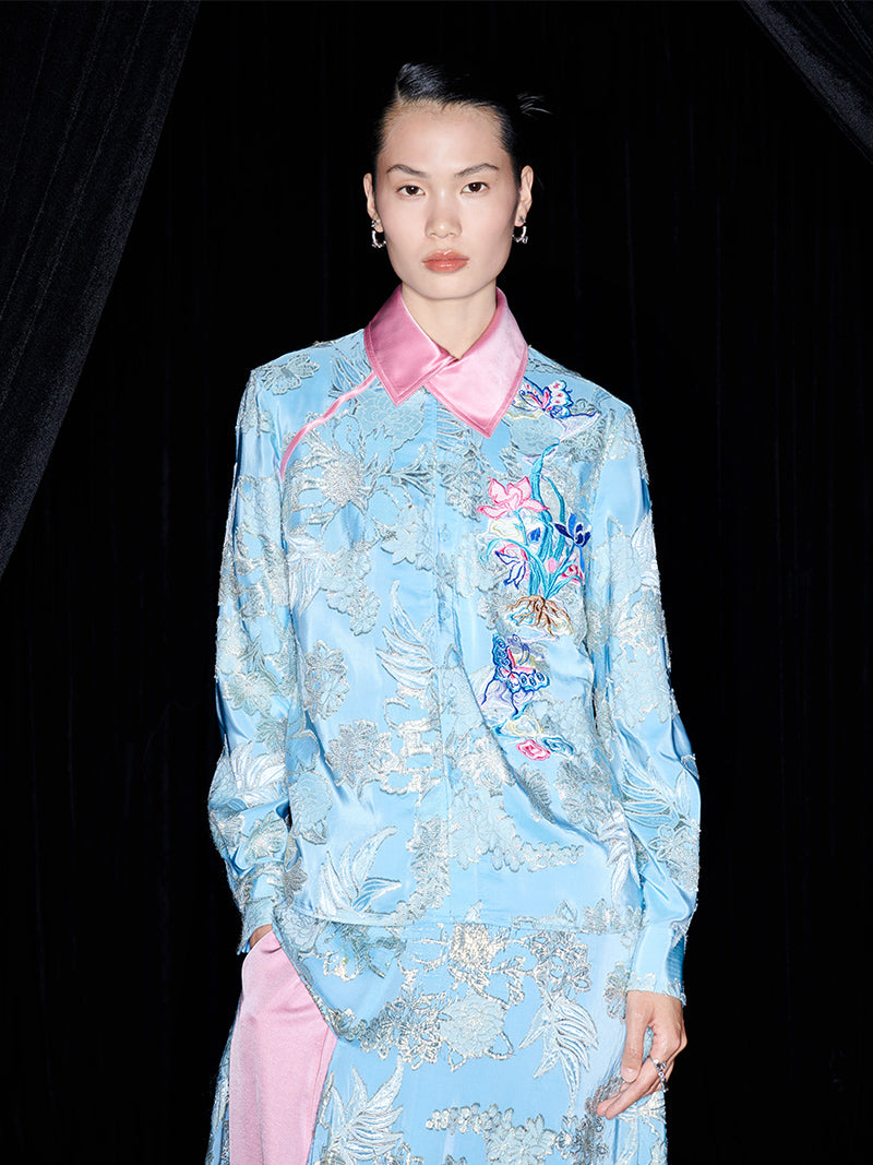 M essential Mackay designer blue pink embroidered contrast lapel shirt pant dress set - halle.
