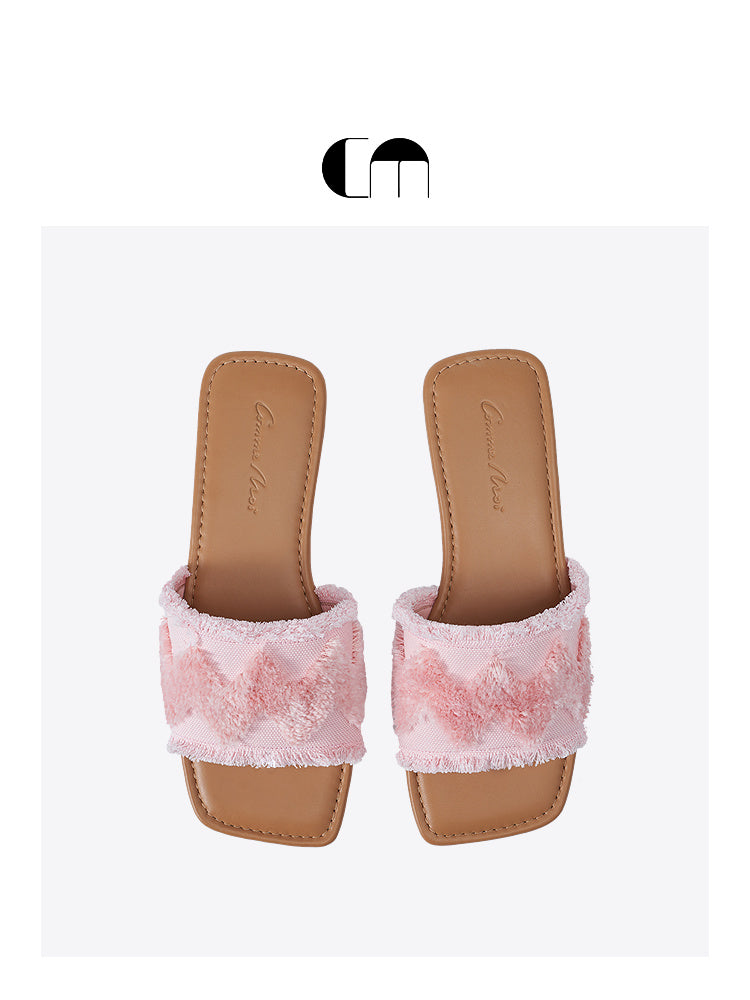 COMME MOI Lv Yan designer summer women's fashion tassel fabric slippers - HAILE.