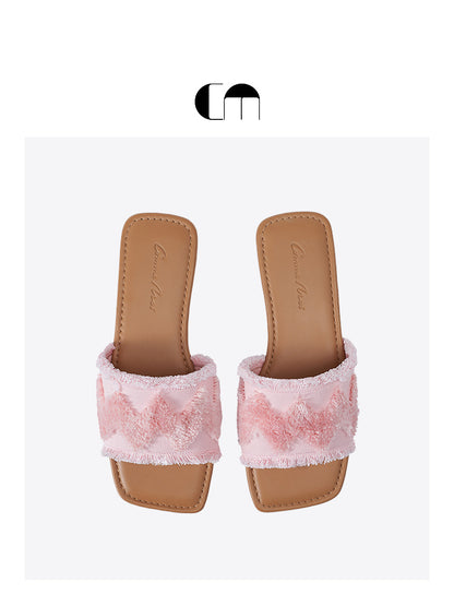 COMME MOI Lv Yan designer summer women's fashion tassel fabric slippers - HAILE.