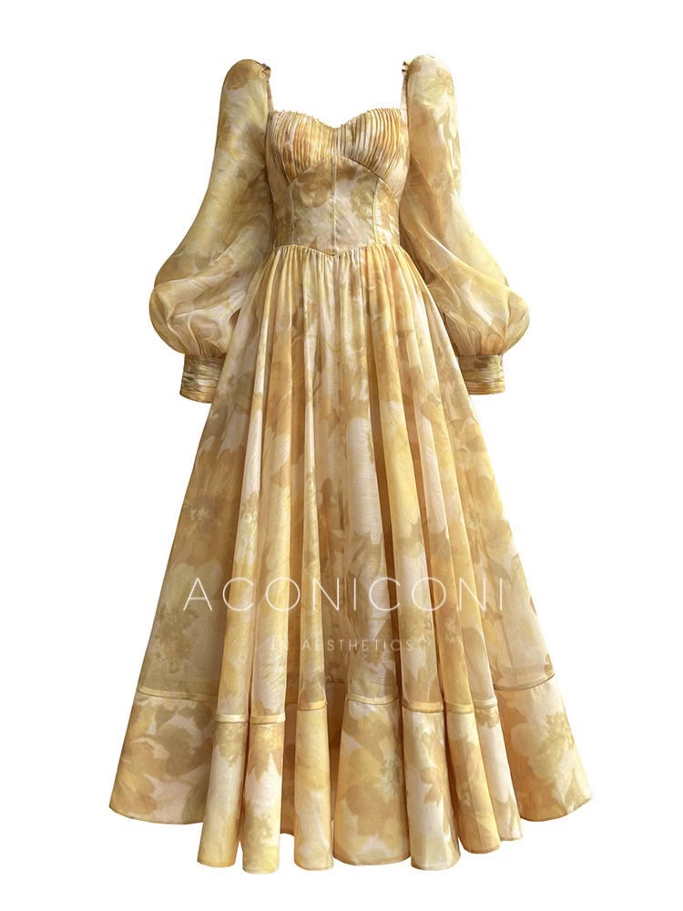 Aconiconi Luxury Yellow French Print Puff Sleeve Long Princess Dress- GOOD GIRL REBEL Aconiconi Luxury Yellow French Print Puff Sleeve Long Princess Dress- GOOD GIRL REBEL