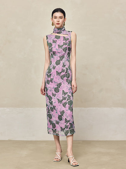 HECO Burnt flower hollow slim sleeveless purple midi dress woman - MIGHT.