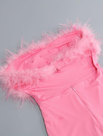 DOLLY Elegant Off Shoulder Fluffy Feather Tube High Waist Slim Fit Short Dress-FRANCES