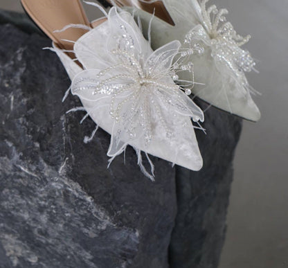 B-FEI white feather flower rhinestone flat mules-ARJO.