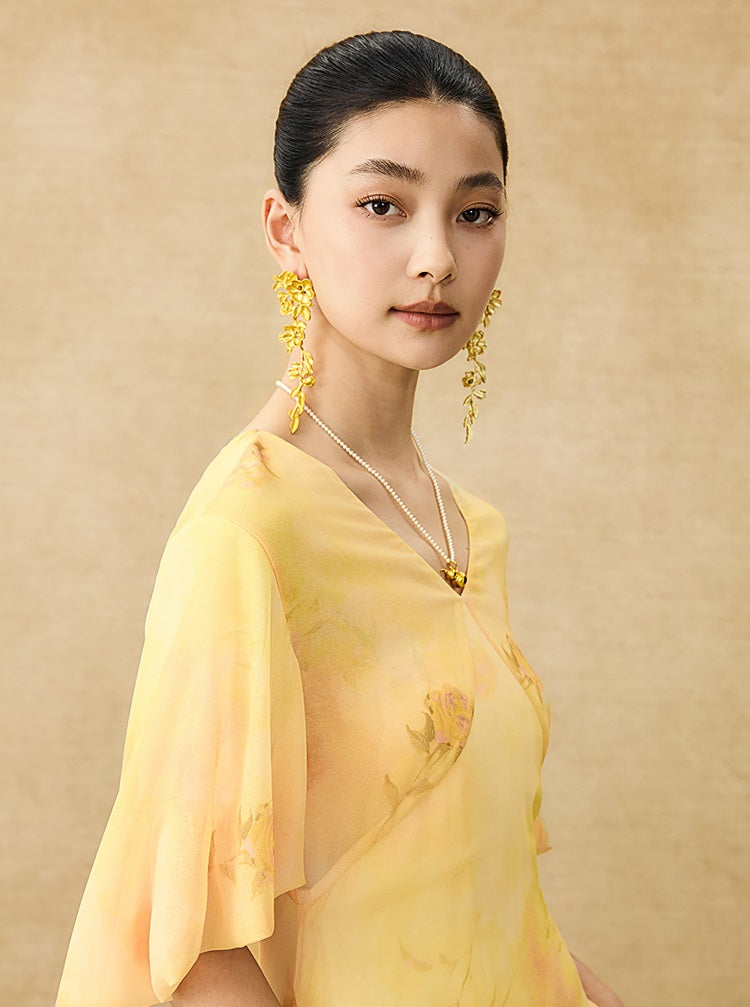 HECO Chinese Floral V-neck Asymmetric Hem Long Dress - DOMINION.