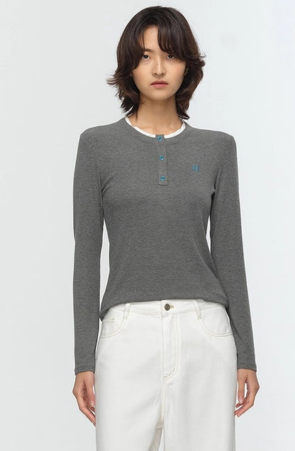 COMME MOI Lu Yan designer new women's clothing Henry collar color-blocked slim T-shirt- CHAOS.