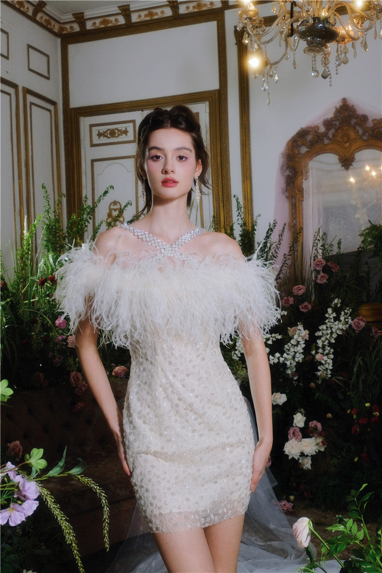 Wardrobes by Chen Luxury Off White Off Shoulder Feather Short Mini Party Dress-Genny