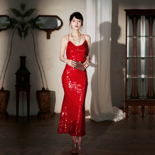 DOLLY Elegant Red French Style Sleeveless Sequin Backless Long Cocktail Dress-Quin (V)