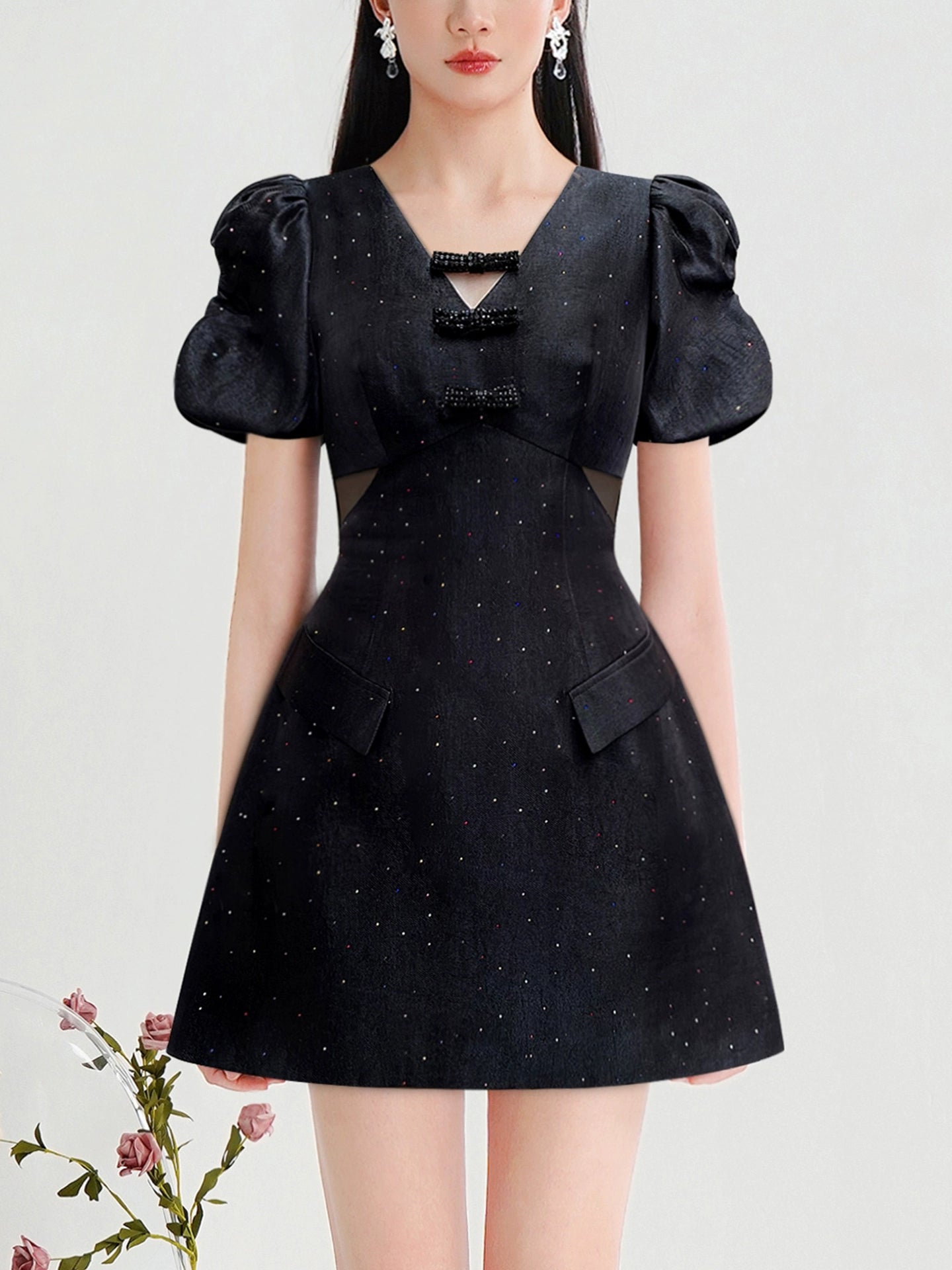 CHECOCRE Stubble design V-neck fashion high-waisted puff sleeve hot diamond craft dress -BOW.