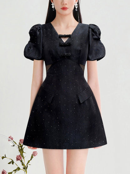 CHECOCRE Stubble design V-neck fashion high-waisted puff sleeve hot diamond craft dress -BOW.