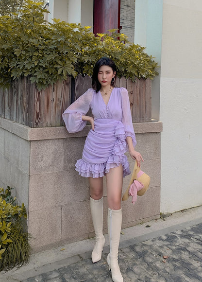 D0LLY Luxury French Style V-Neck Long Puff Sleeve Chiffon Pleated Ruffle Dress-VERA