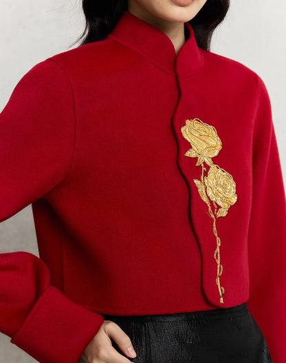 HECO 100% wool Embroidery Red black Short Double-Sided Tweed Jacket Women - out.