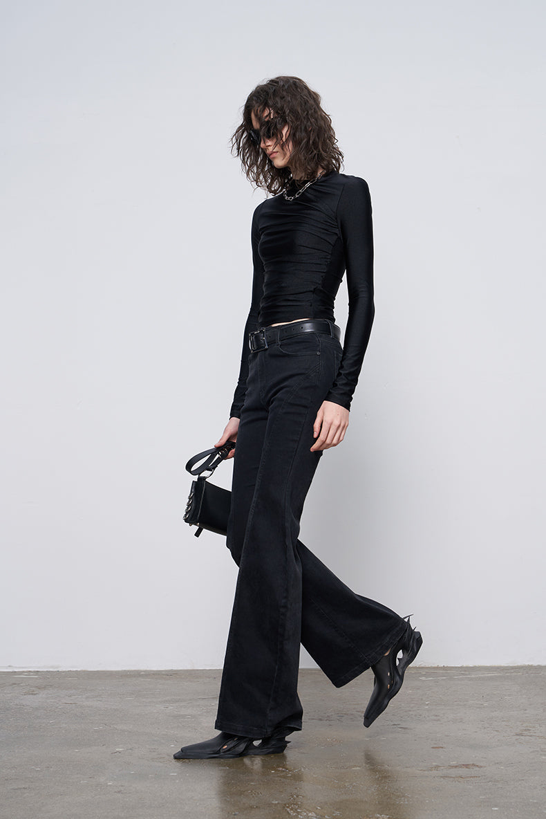 ANNAKIKI black pleated texture long-sleeved  top for women-VENUS