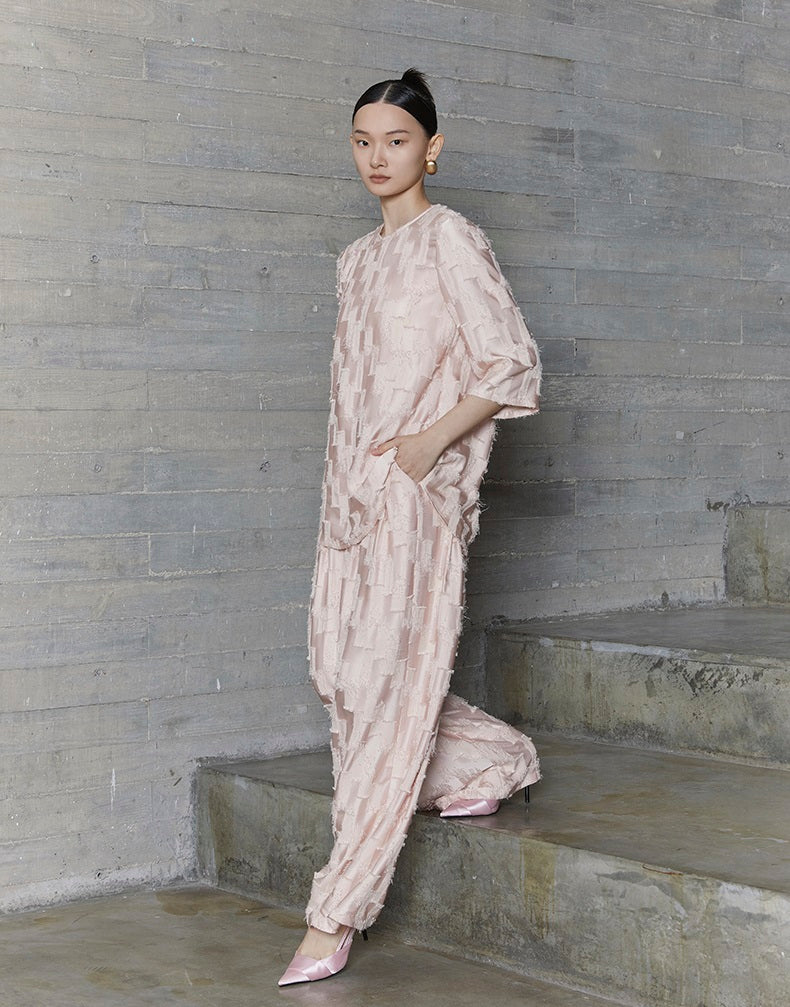 HECO Round Neck Square Tassel Design Texture Shirt Top Women - reign.