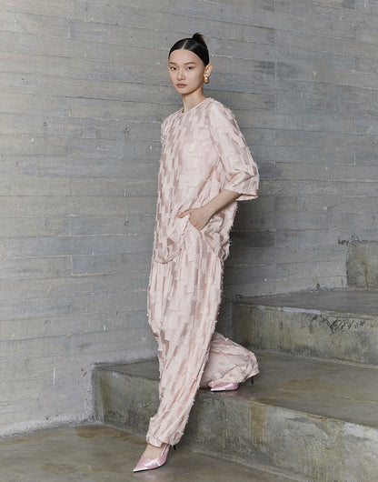 HECO Round Neck Square Tassel Design Texture Shirt Top Women - reign.