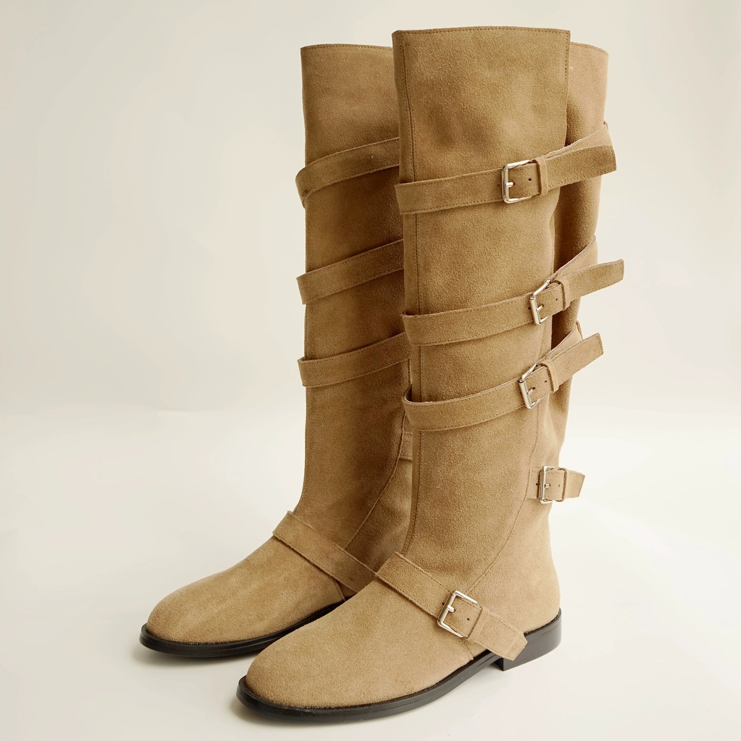 B-FEI belt buckle high-top leather women's fashion boots.