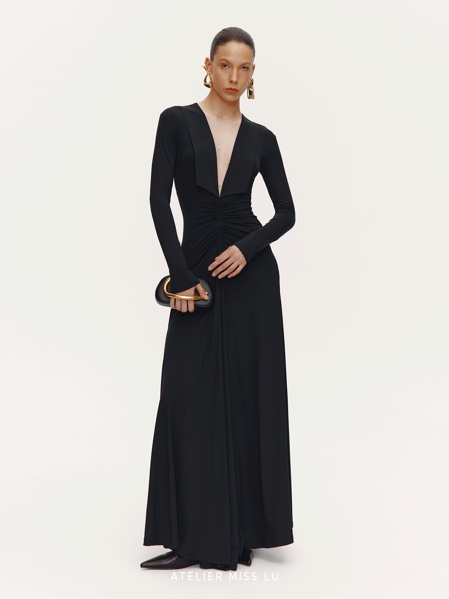 ATELIER MISS LU V-Neck Large Swing Long Sleeve Dress - EMBAD.