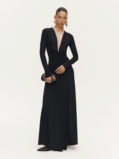 ATELIER MISS LU V-Neck Large Swing Long Sleeve Dress - EMBAD.