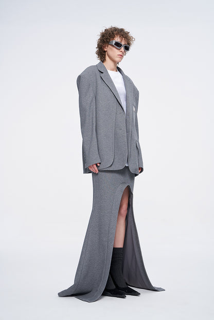 ANNAKIKI Designer Curved Casual Sweat Slit Maxi Skirt-FUKU