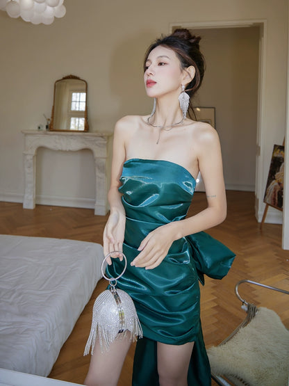DOLLY Luxury Deep Green Big Bow Off Shoulder Tube Top Pleated Hip Date Dress-NUEL