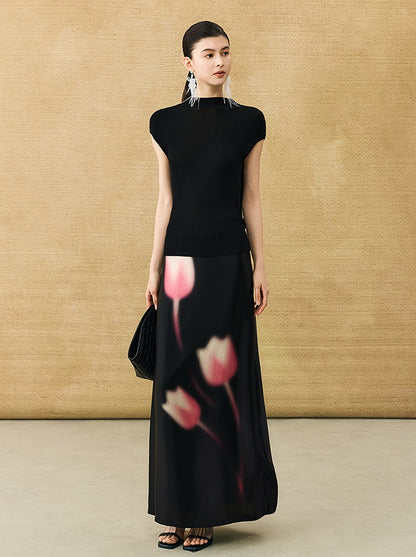 HECO Chinese high-end acetic acid skirt summer tulip print drape - ESSENCE.