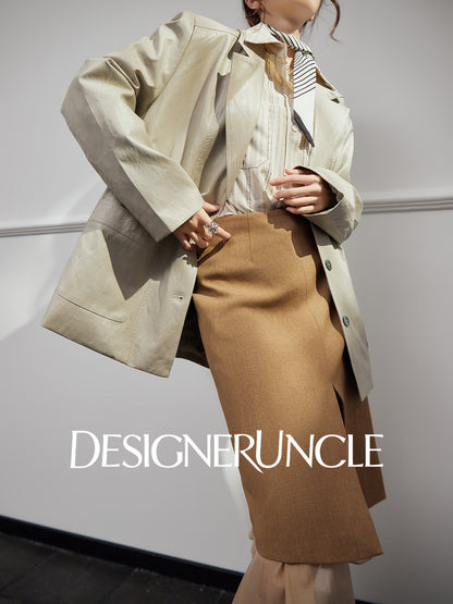 DGU "Light Twilight" Beige Gray Haining Genuine Leather Jacket - Billie.