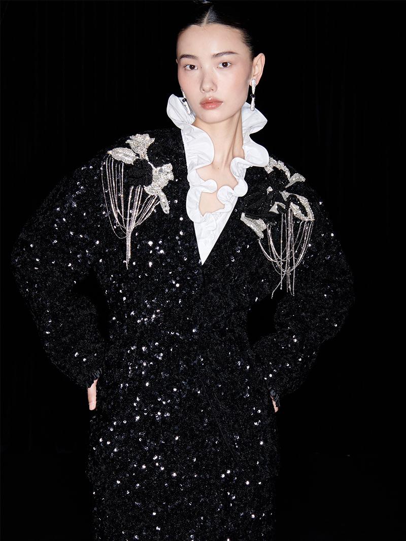 M essential Mackay designer three-dimensional silver orchid catenary beaded jacket - tems.