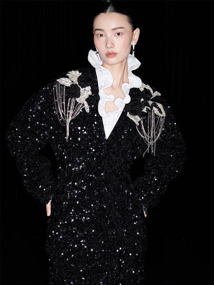 M essential Mackay designer three-dimensional silver orchid catenary beaded jacket - tems.