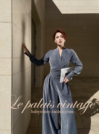 Le Palais Vintage Elegant long sleeves  V-neck matte velvet dinner wrap top-Maryann.