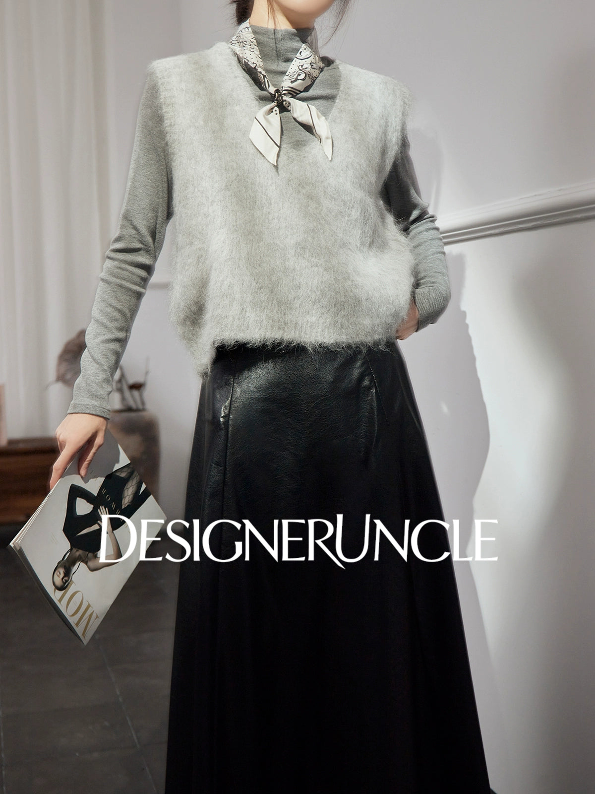 DGU "Qi Mist" light gray plush outer wear versatile commuter slimming top - HIGGS