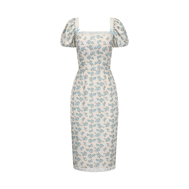 Le Palais Vintage blue floral princess square neck dress-ITSUKA