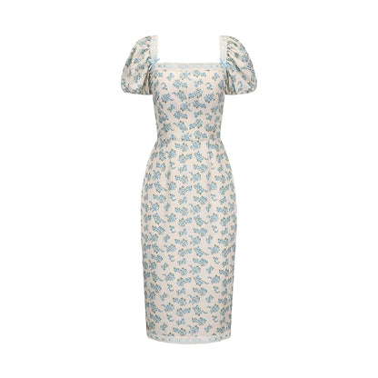 Le Palais Vintage blue floral princess square neck dress-ITSUKA