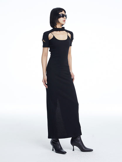 TINY IN fake two-piece deconstructed knitted back slit midi black dress -PUPIN
