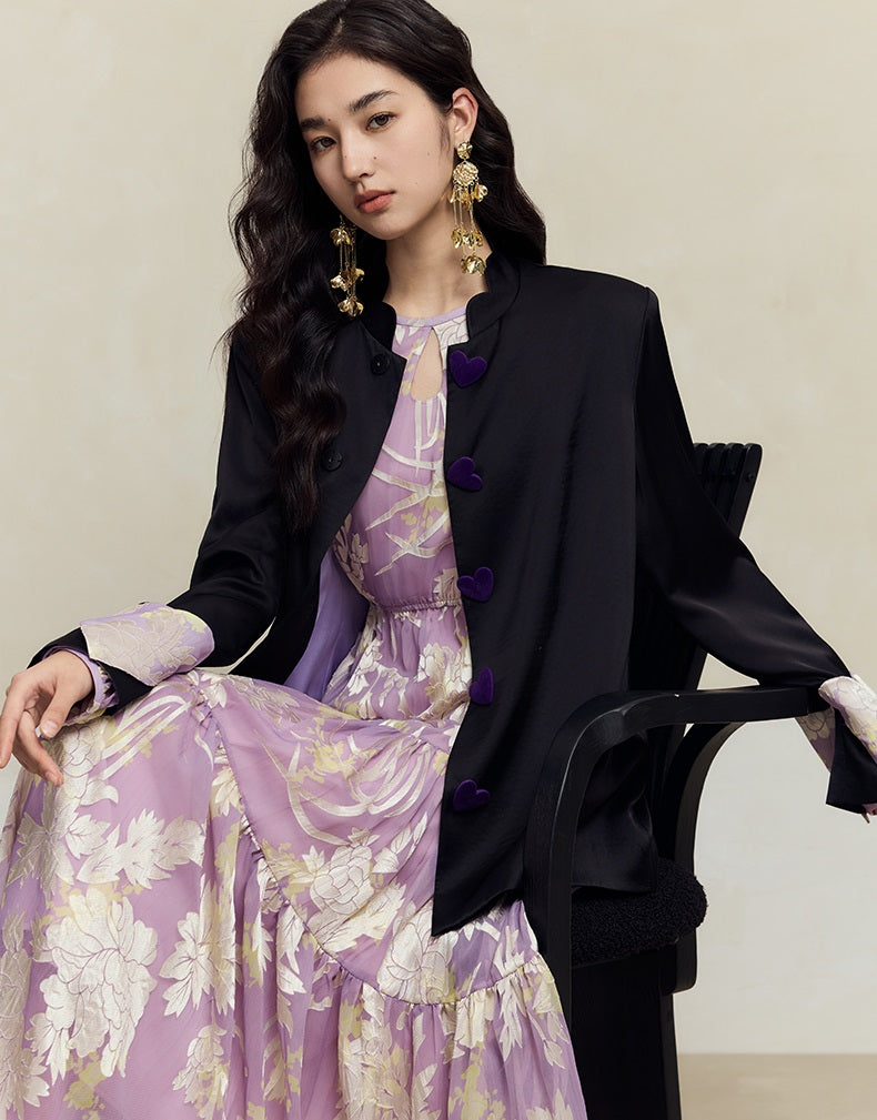 HECO silk peony burnt flower pendulum long-sleeved dress women - healer.