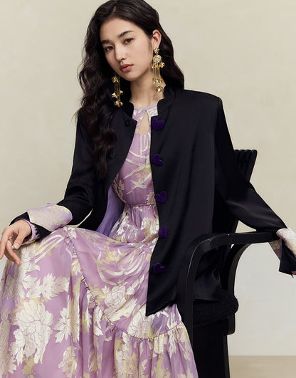 HECO silk peony burnt flower pendulum long-sleeved dress women - healer.