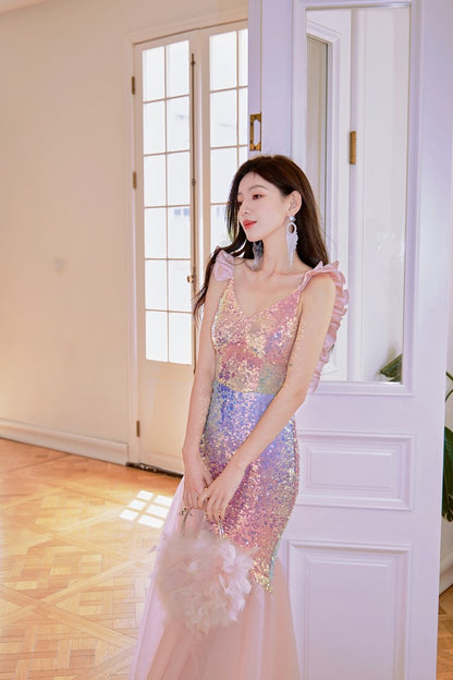 DOLLY Luxury Gradient Deep V-Neck Sleeveless Sequin Long Backless Party Dress-IVETTE